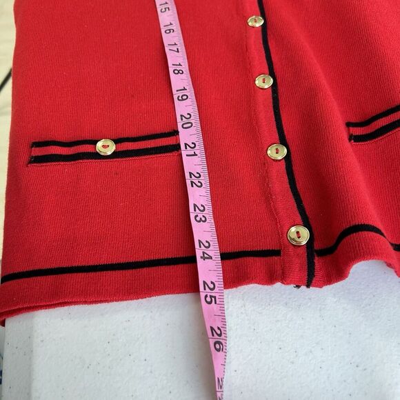 By Design Women Button Front Cardigan LARGE Red Black Trim Gold Buttons Career - Picture 11 of 12